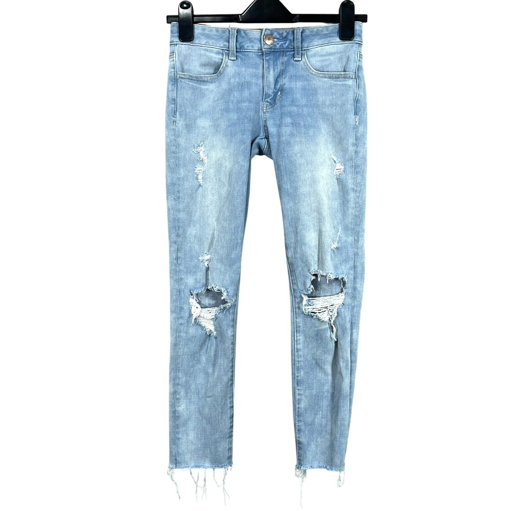 AMERICAN EAGLE Jeggings BLUE 360 Super Stretch DENIM Cropped CUT-OFF HEM Jeans 0